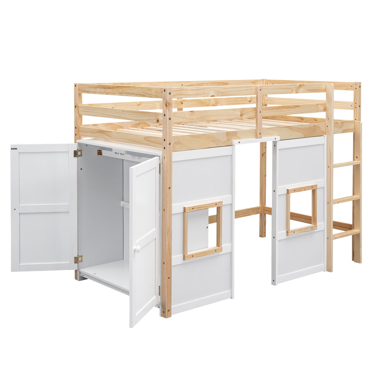 White loft bed with natural wood frame and storage doors