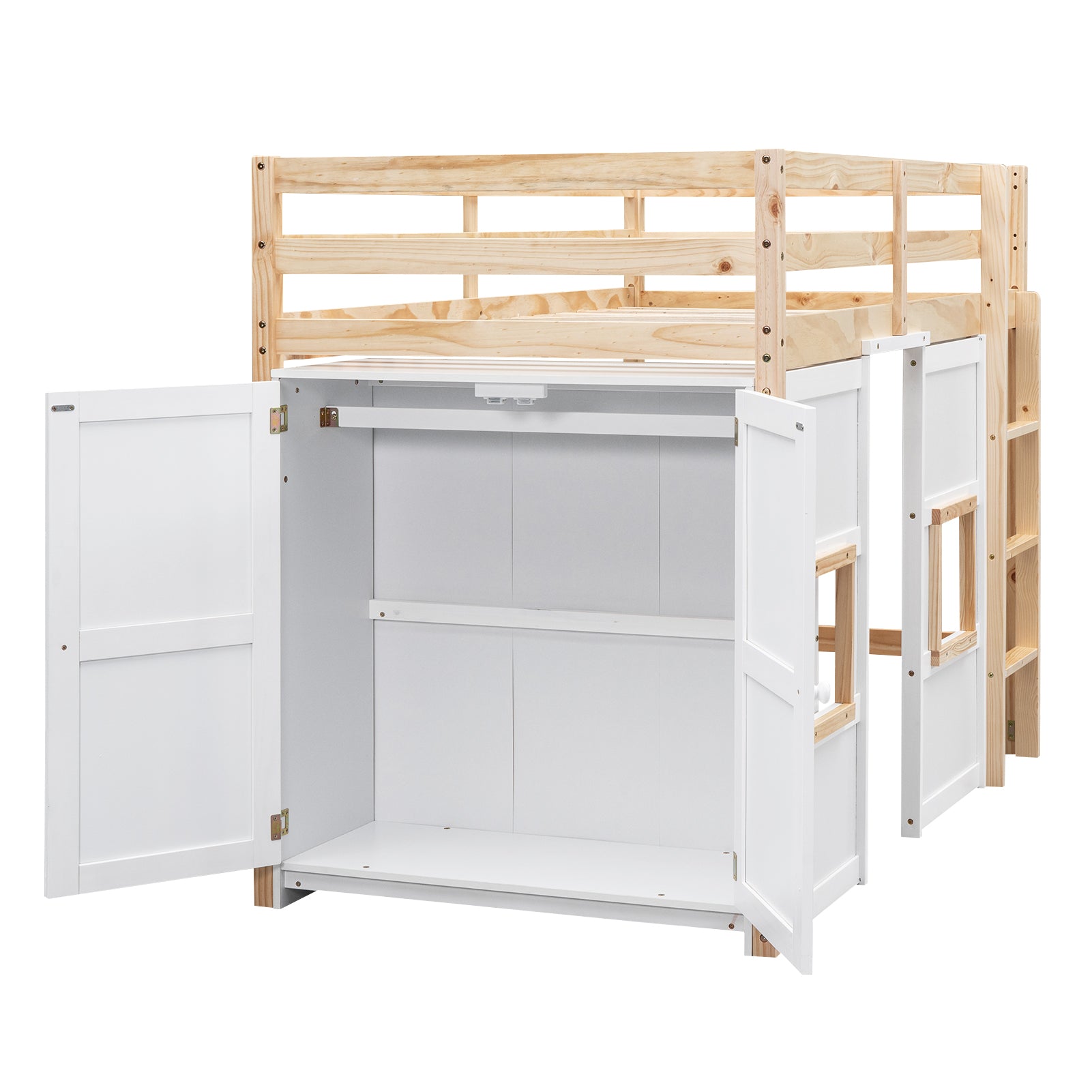 Open white wardrobe doors on a natural wood loft bed frame