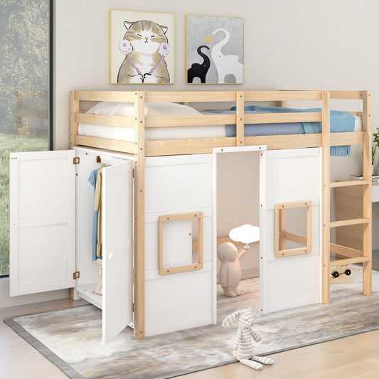 Natural wood loft bed with integrated white wardrobe and playhouse