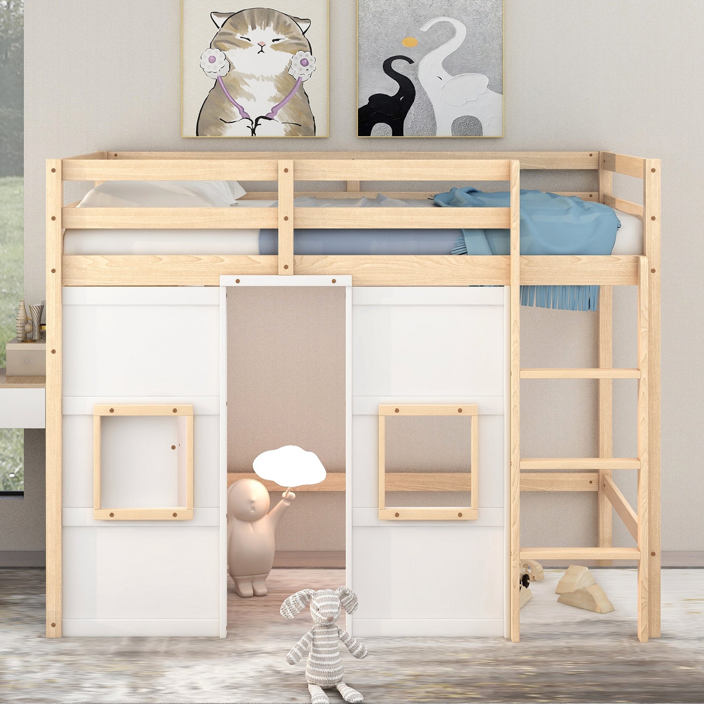 Natural wood loft bed with white tent enclosure and slideout bed