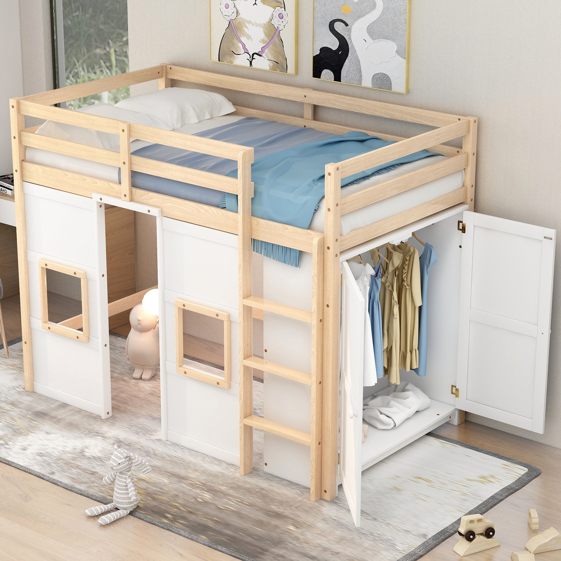 Wooden loft bed with white cabinet and open wardrobe