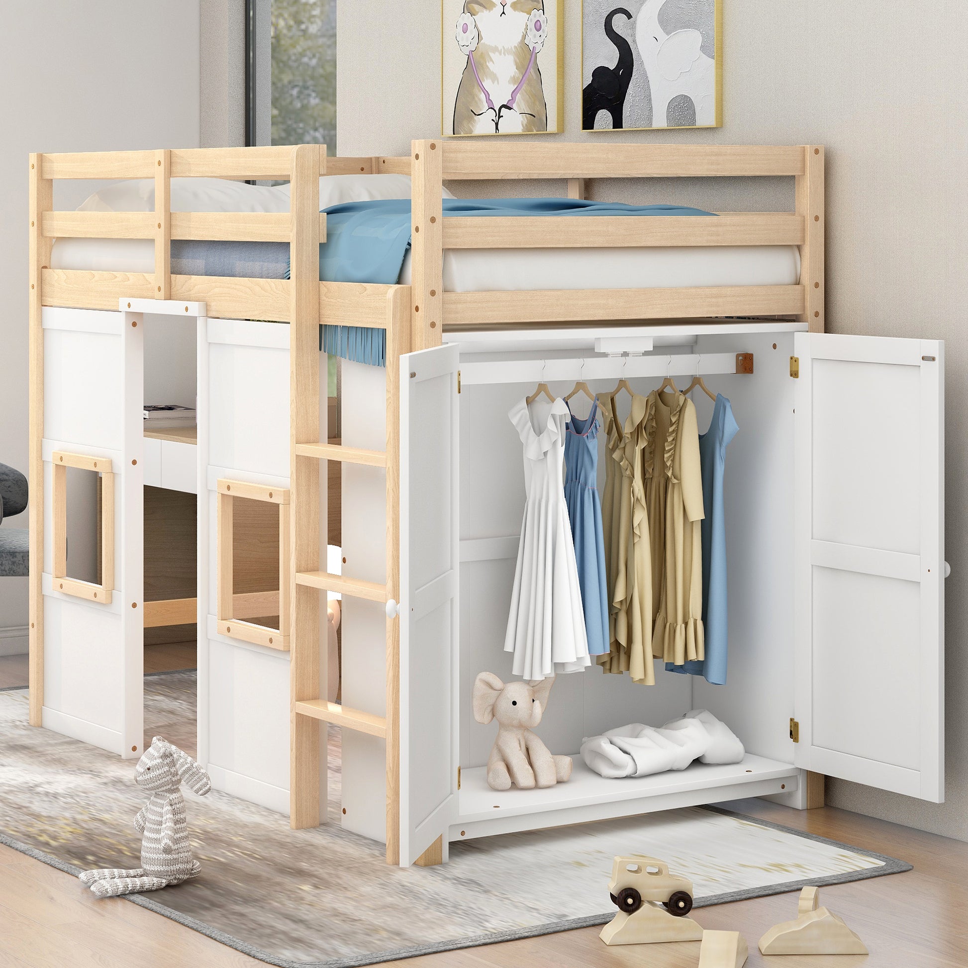 Kids loft bed with white closet and integrated desk