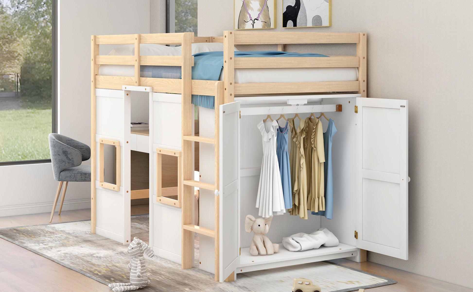 Wooden loft bed with white storage and wardrobe
