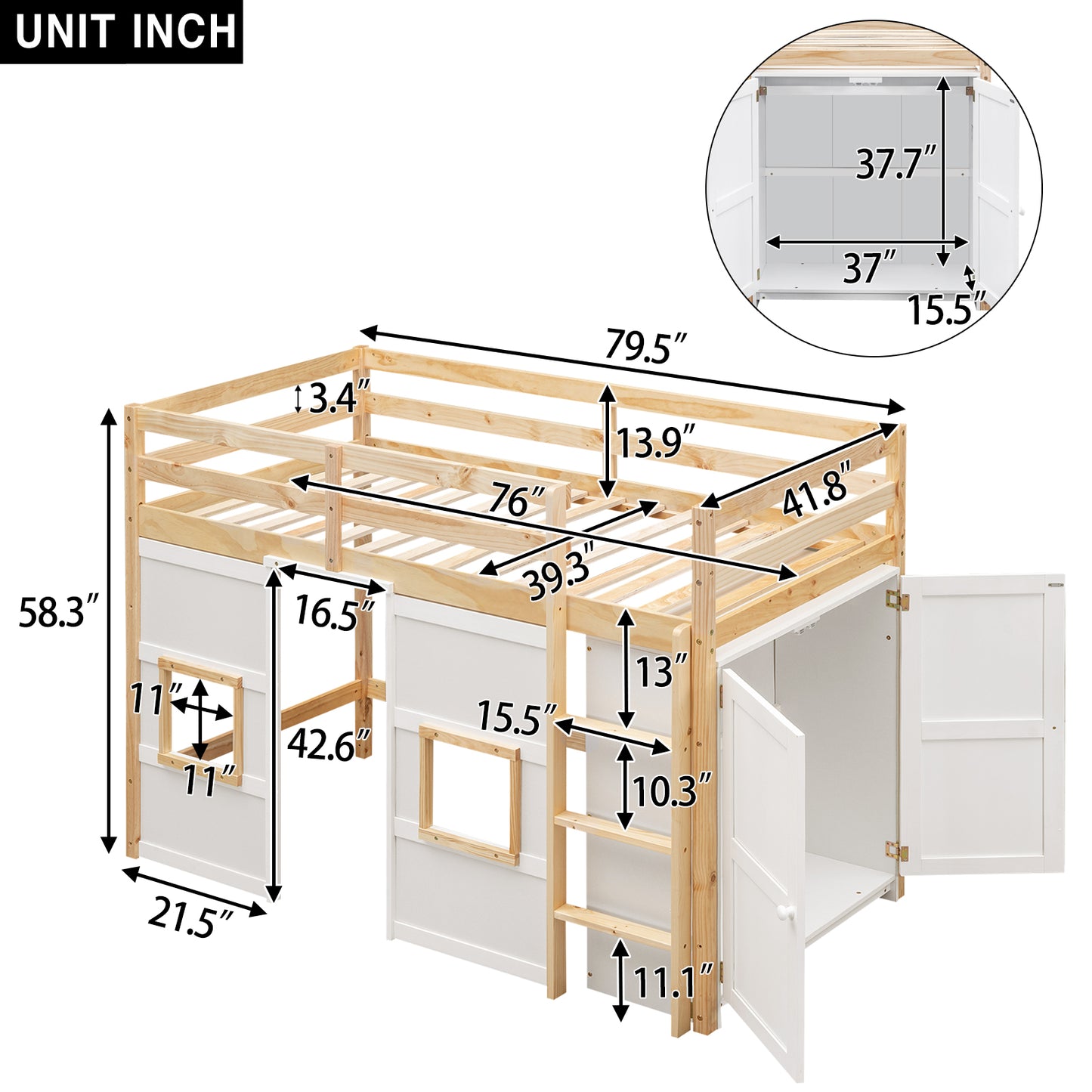 Wooden loft bed with storage