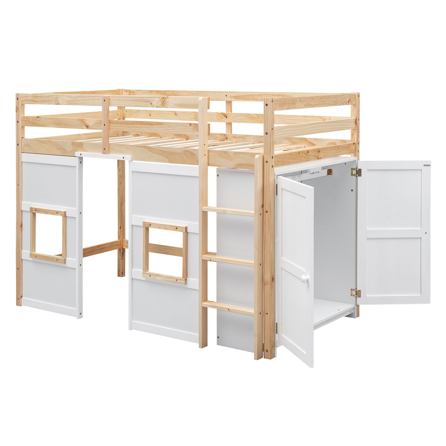 Wooden and white loft bed with ladder and builtin cabinets
