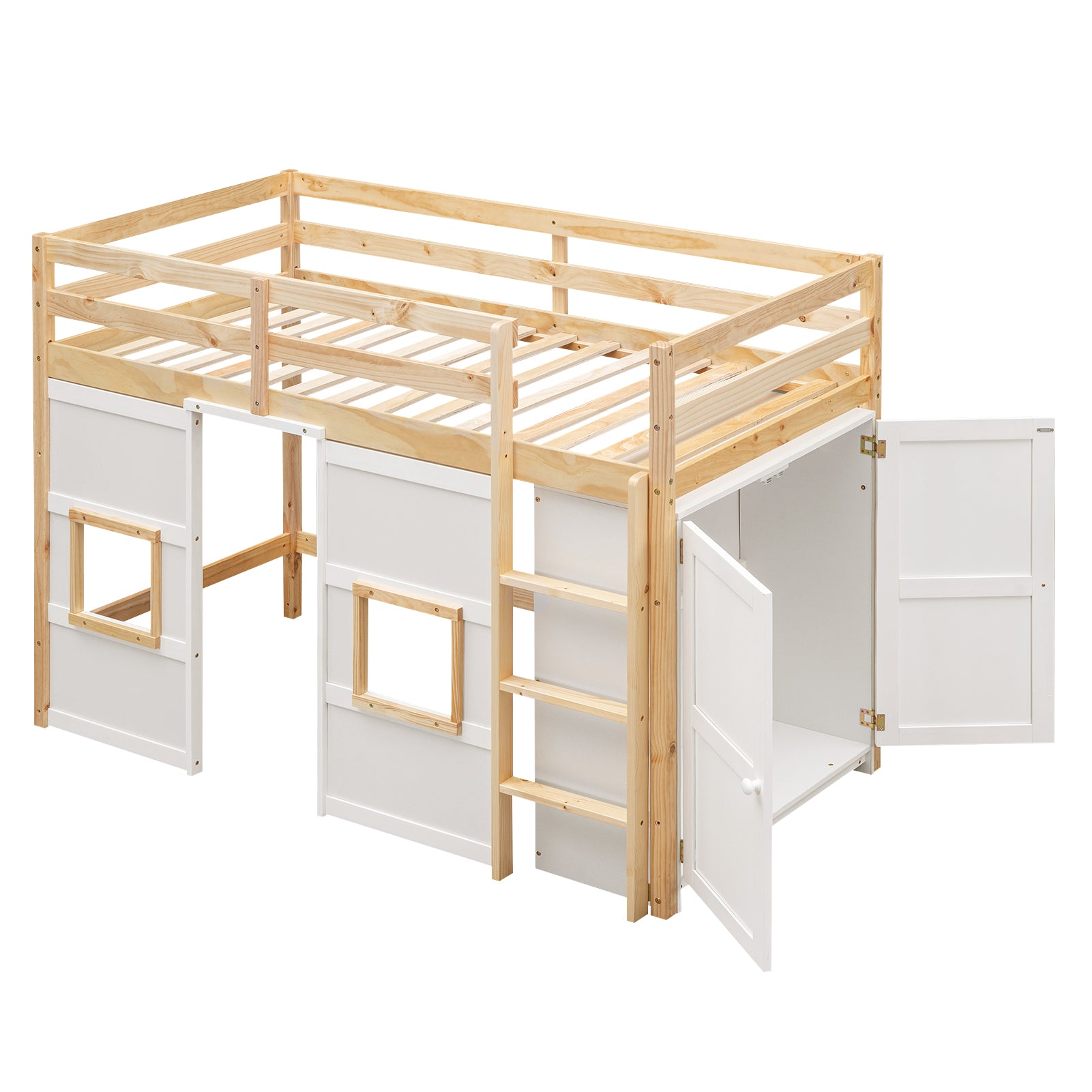 White loft bed with natural wood frame and storage cabinets
