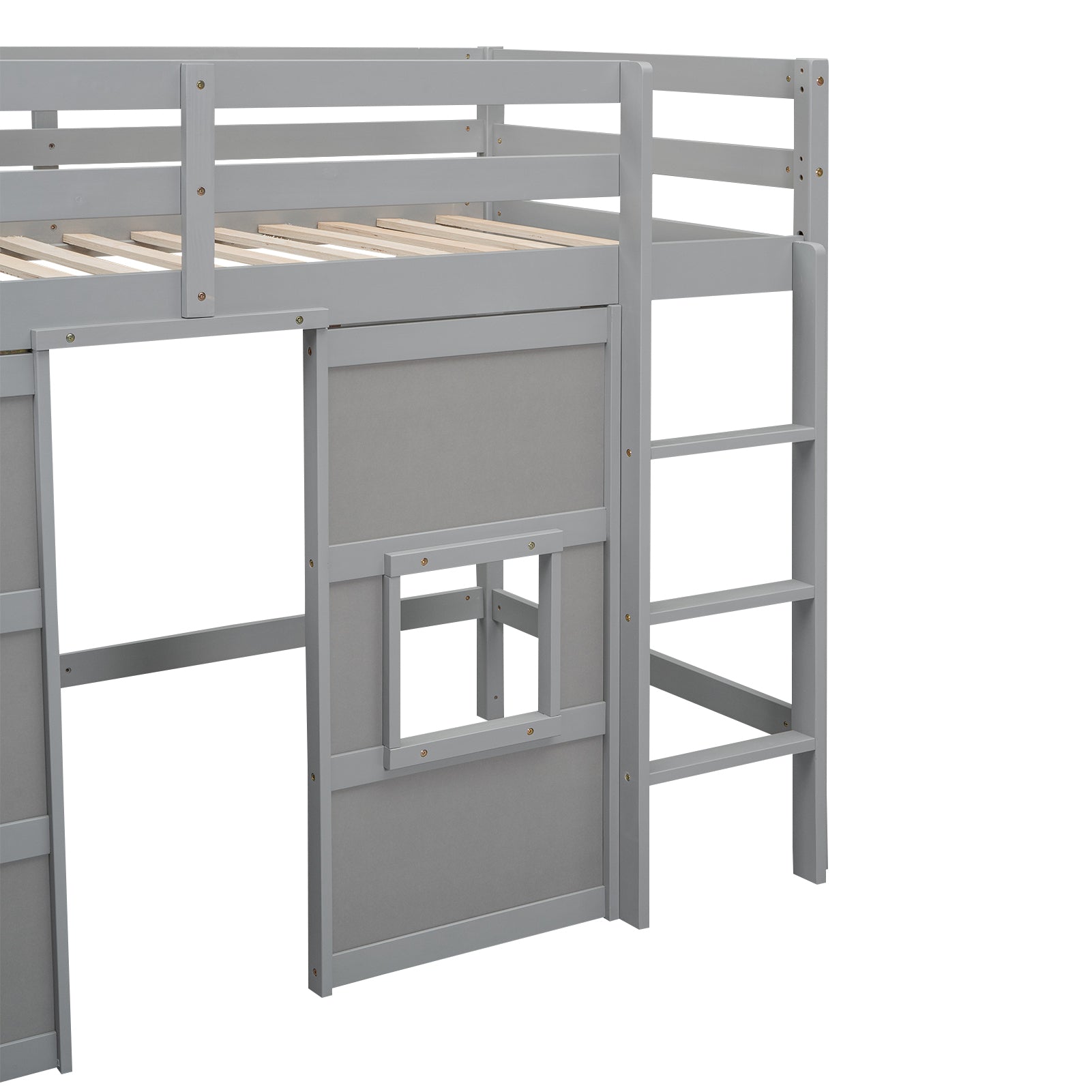 Grey wooden loft bed with ladder and window detail for kids