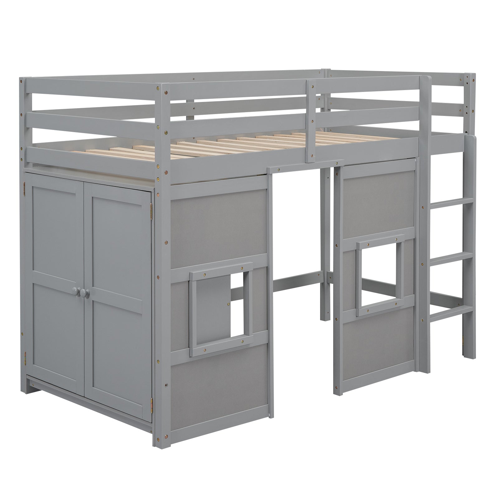 Gray wooden loft bed with storage cabinets and ladder