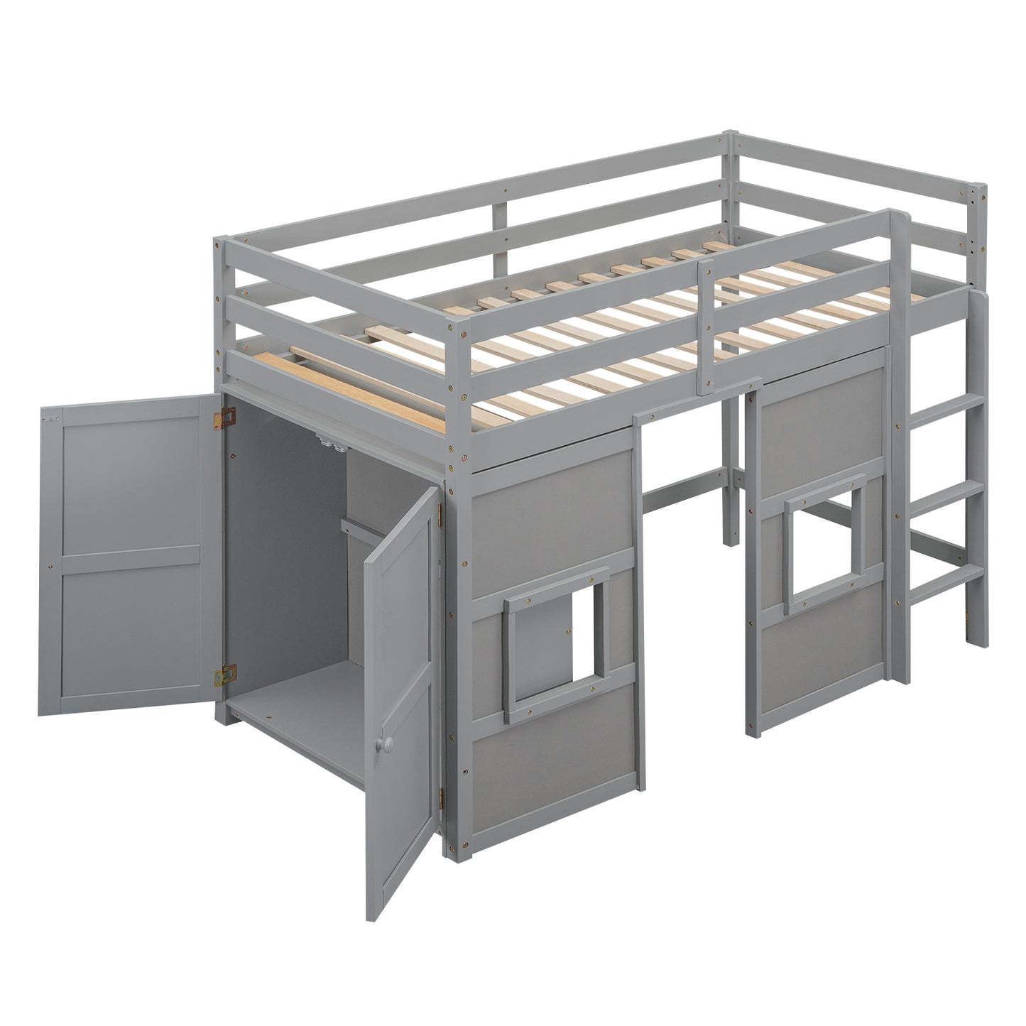 Gray loft bed with storage cabinets