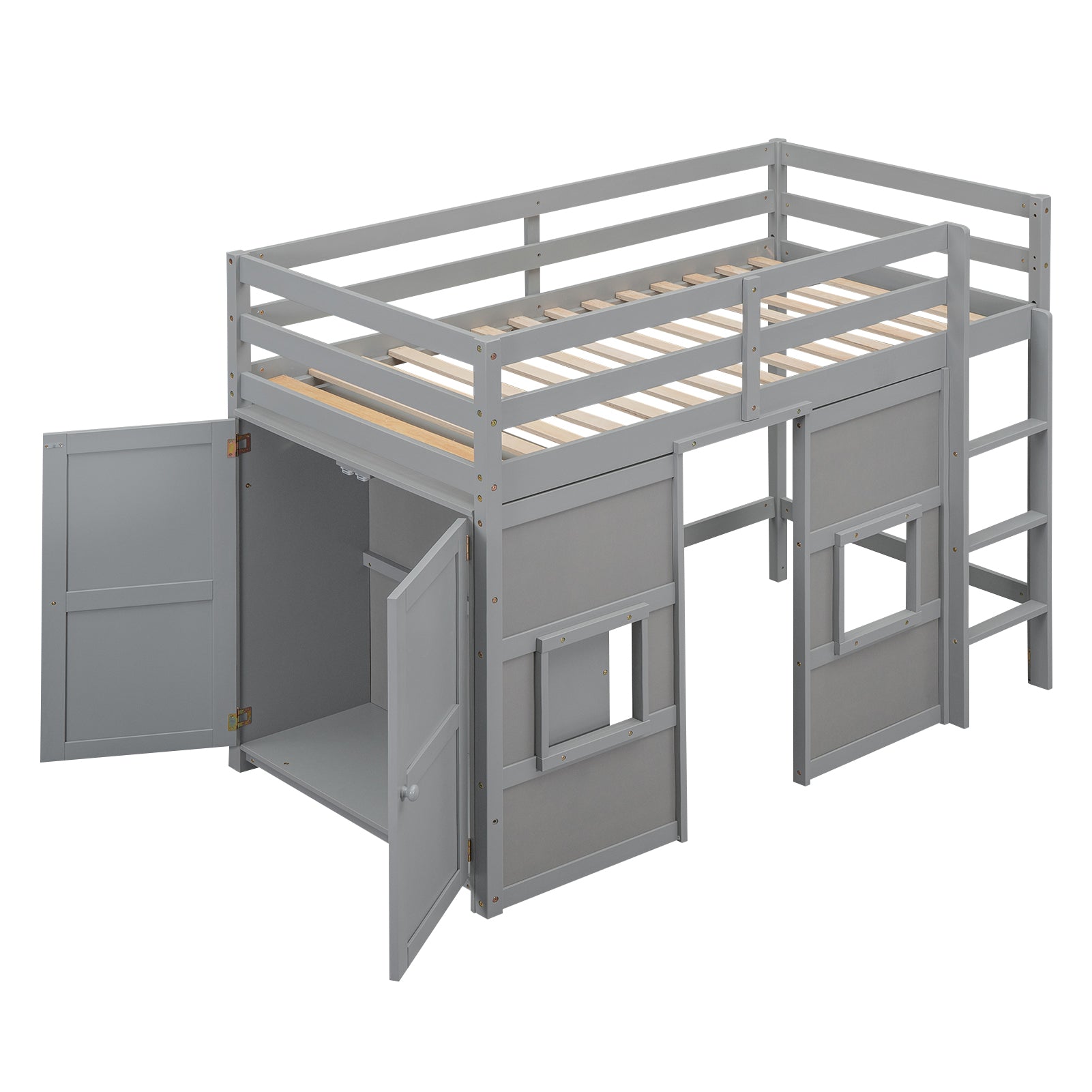 Gray loft bed with storage cabinets
