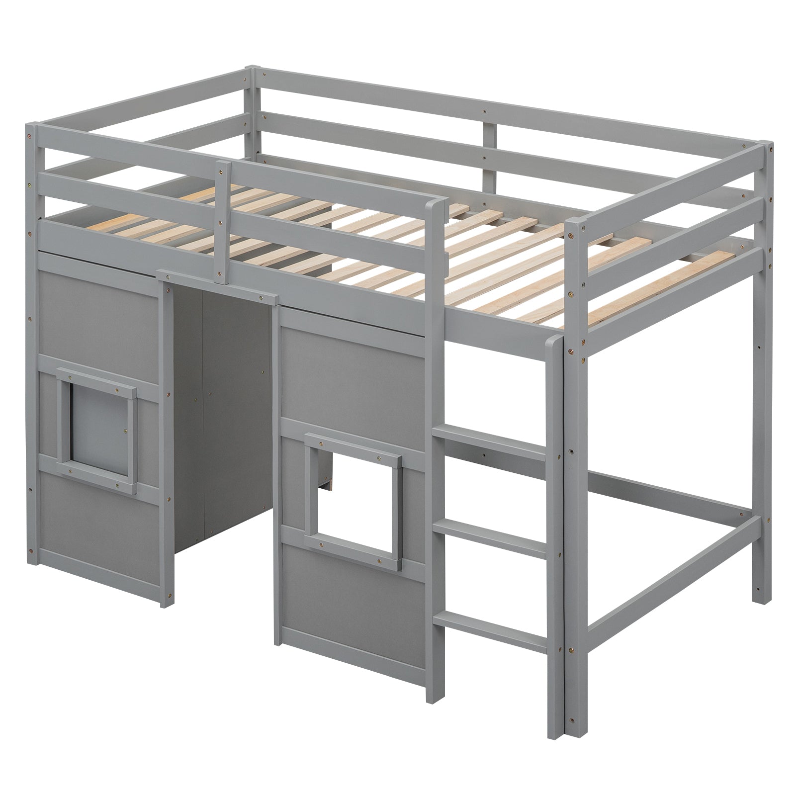 Grey wooden loft bed with playful cutouts and ladder for children