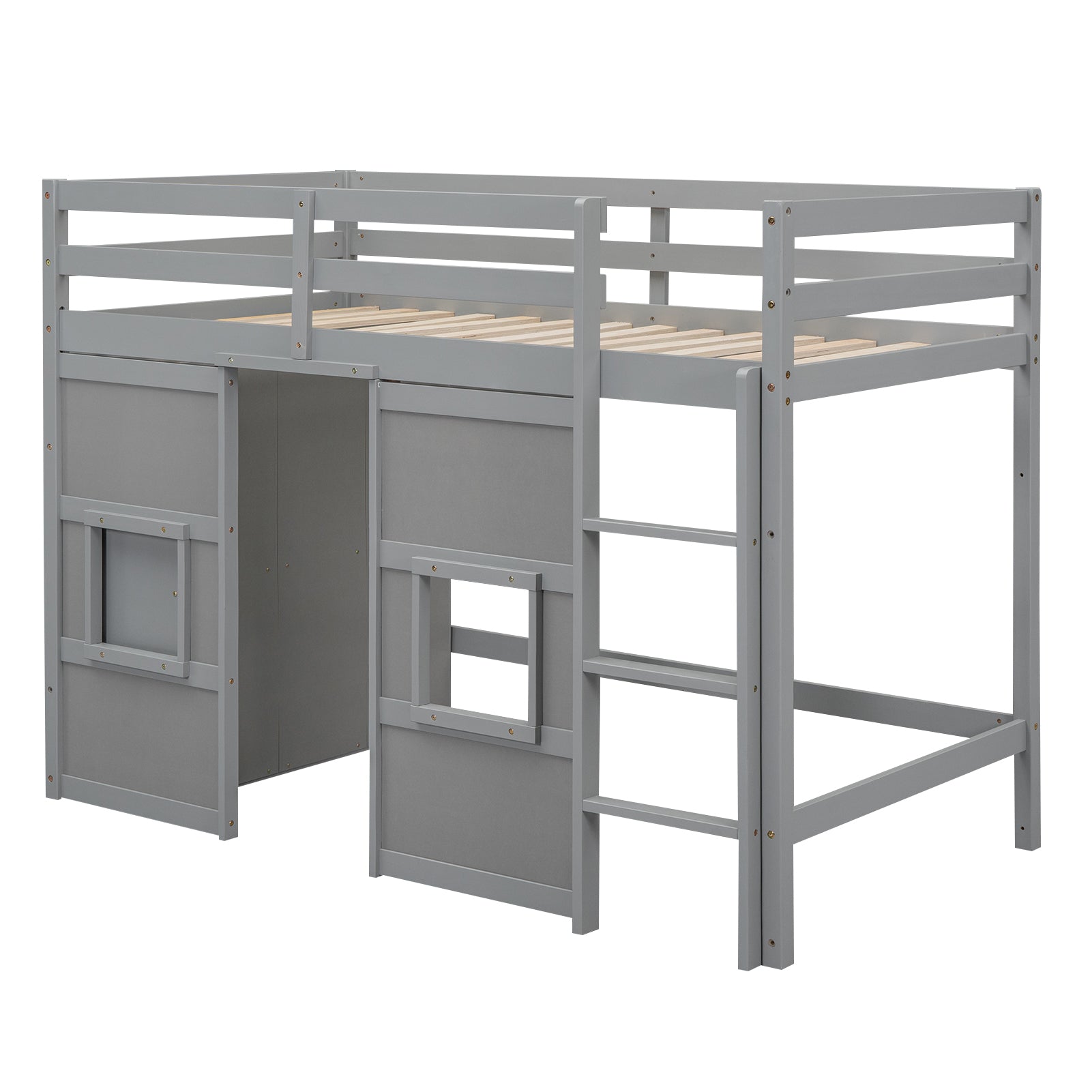 Gray wooden loft bed with ladder and playhouse features