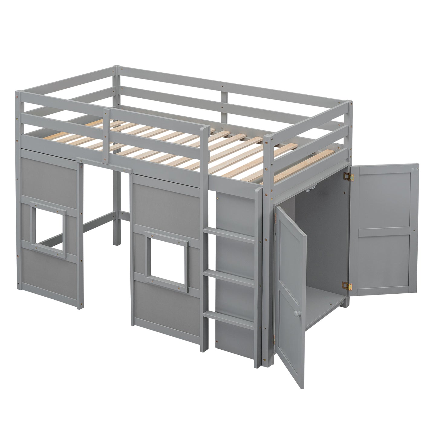 Grey loft bed with ladder and storage cabinets