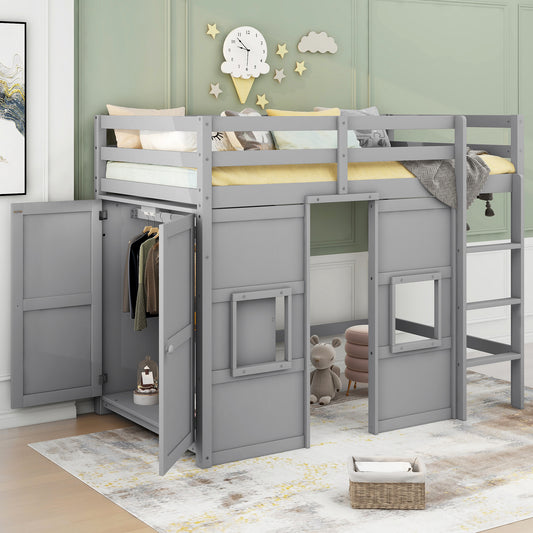 Gray loft bed with integrated wardrobe and closet storage