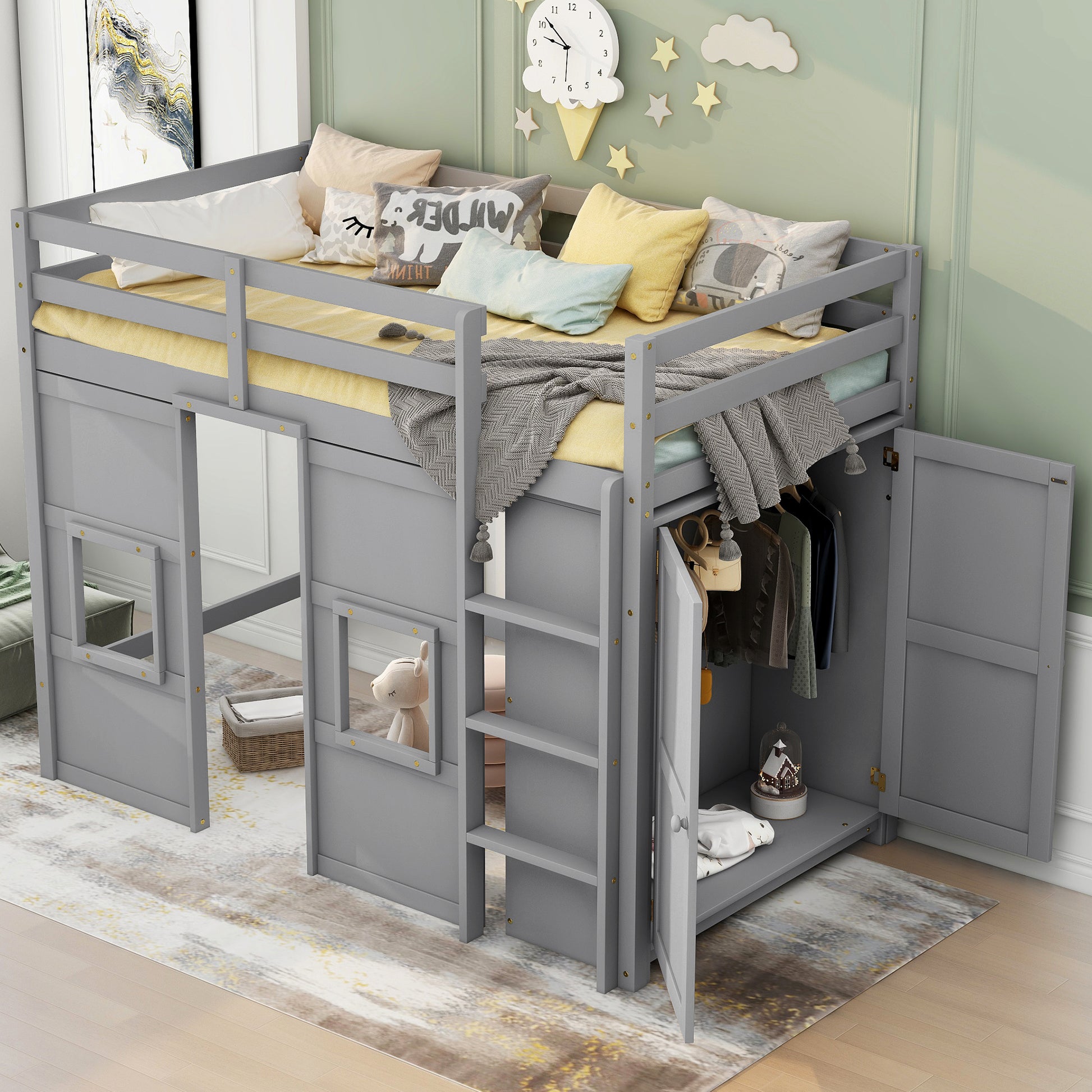 Gray wooden loft bed with wardrobe and playhouse area