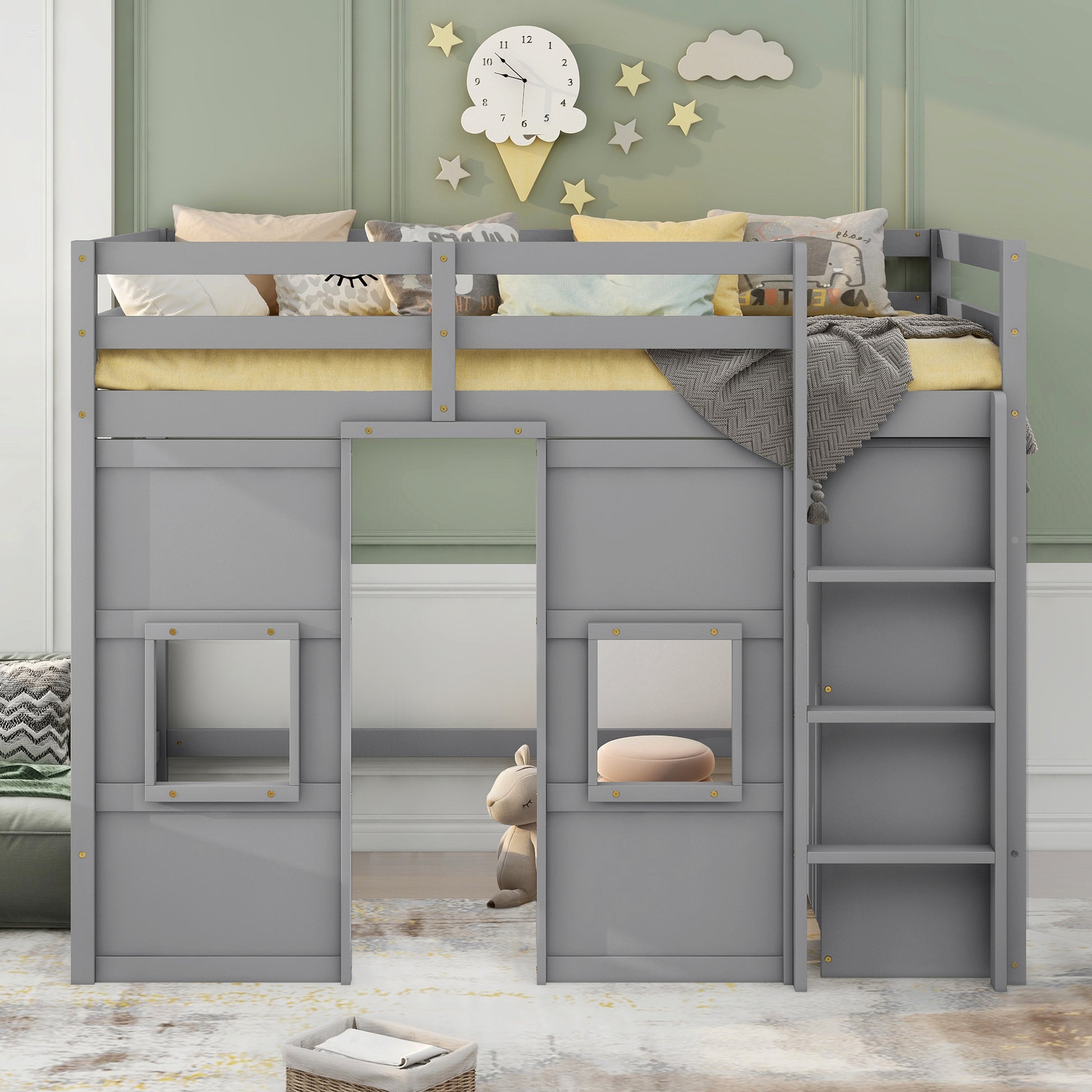 Gray wooden loft bed with yellow bedding and patterned pillows