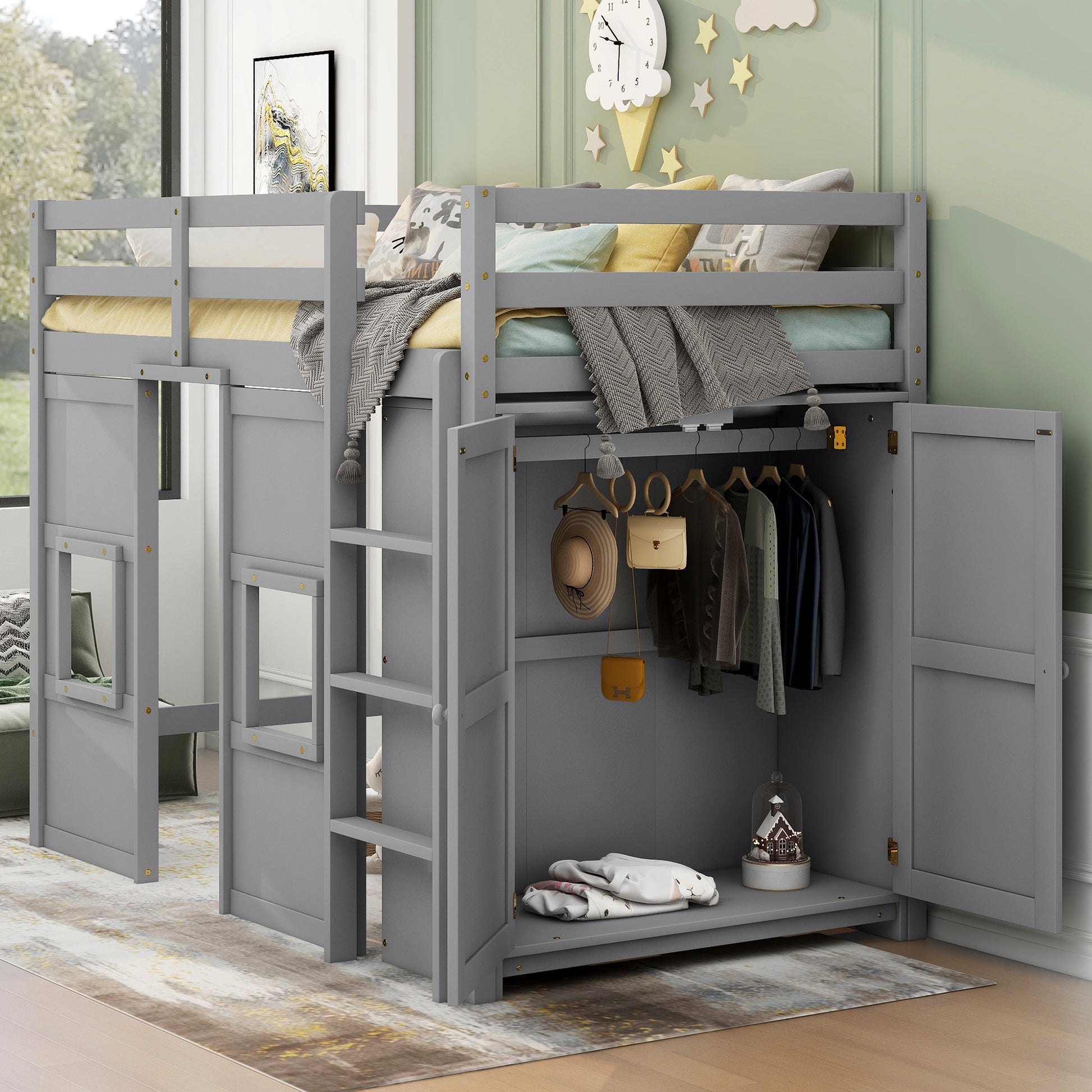 Gray loft bed with integrated wardrobe and storage
