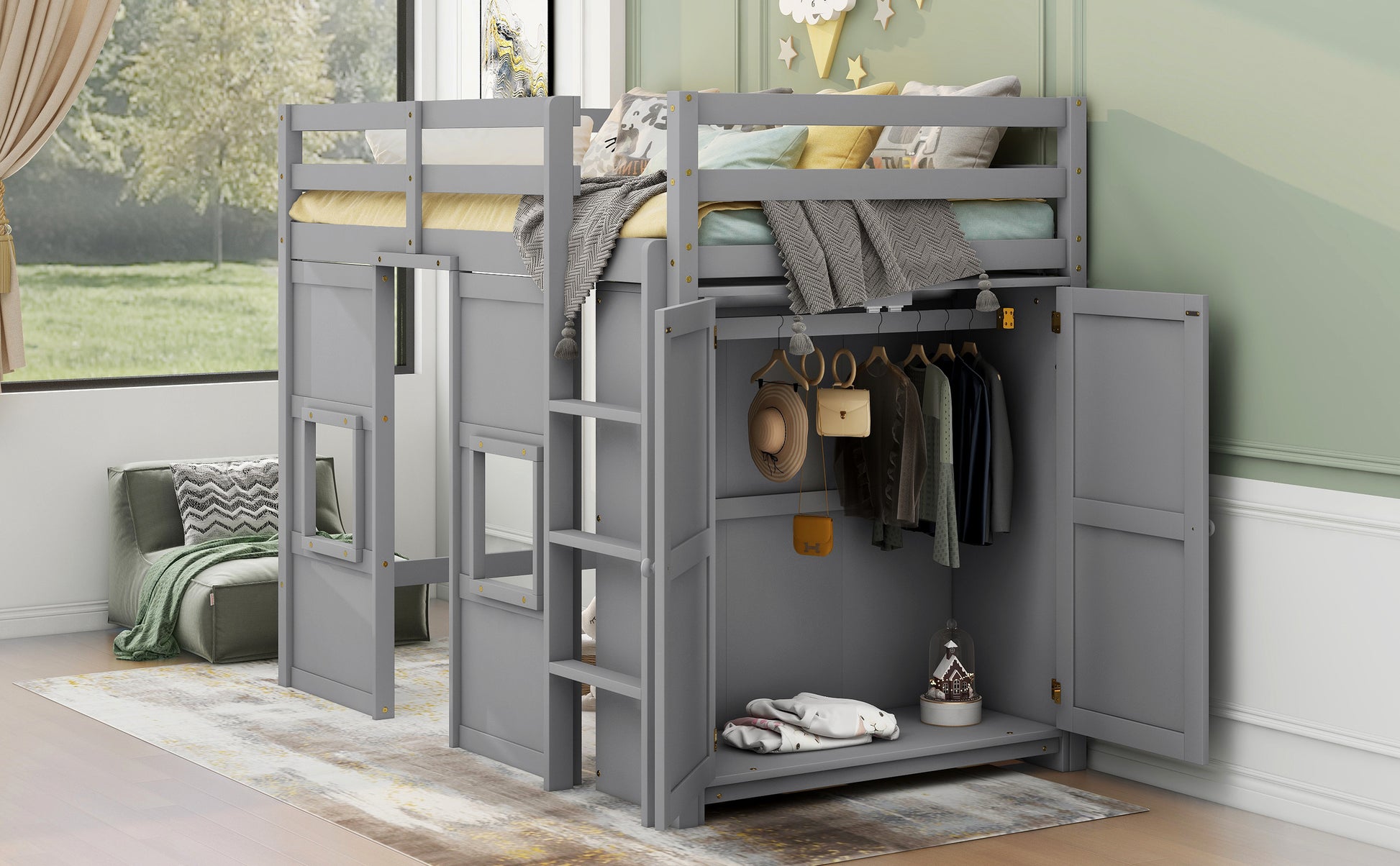 Gray wooden loft bed with builtin storage and closet for kids