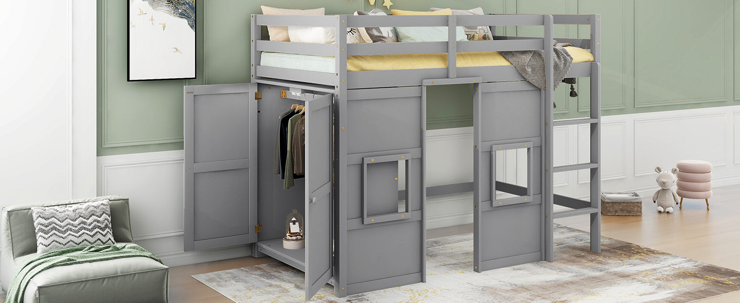 Gray loft bed with builtin wardrobe and storage