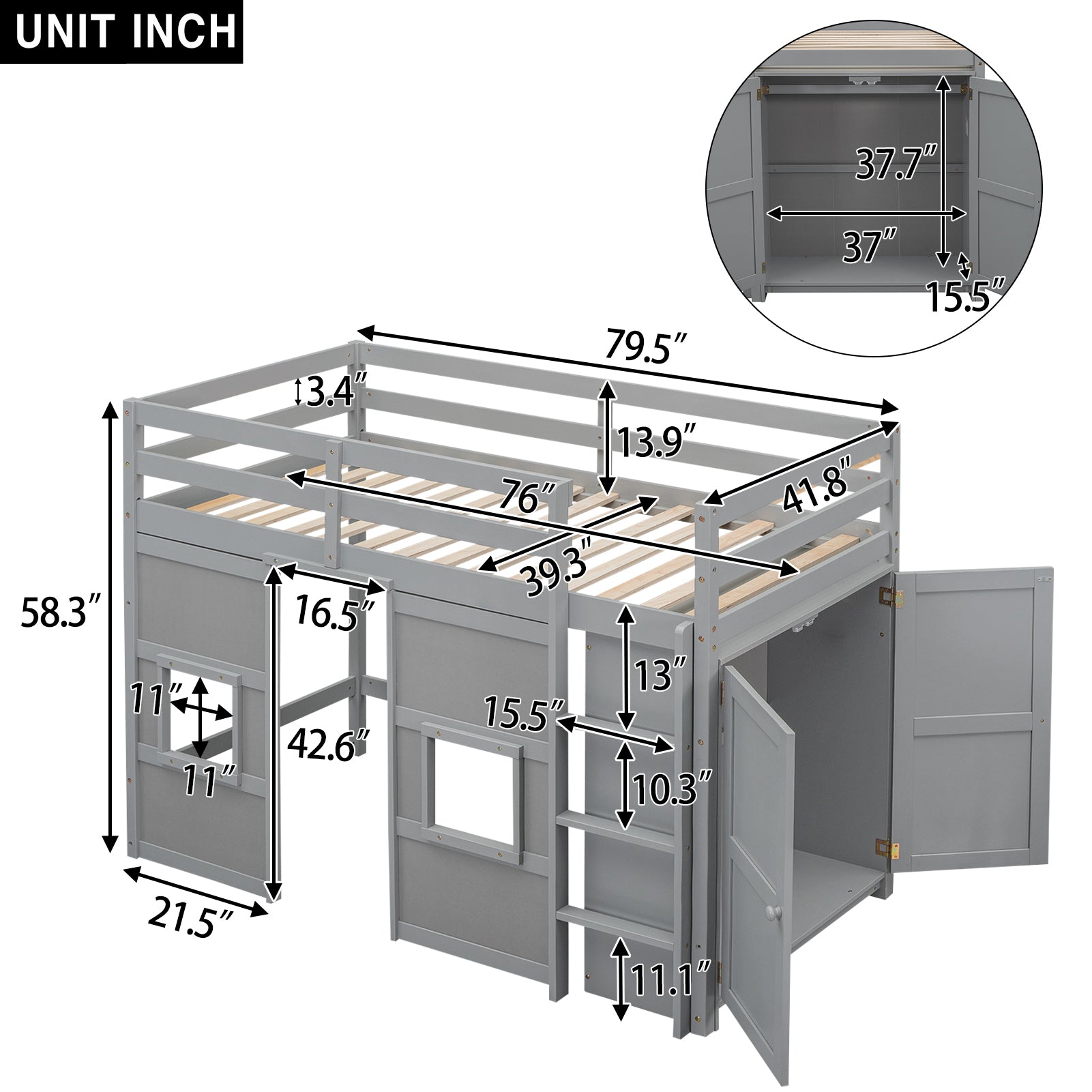Gray loft bed with stairs and storage cabinet
