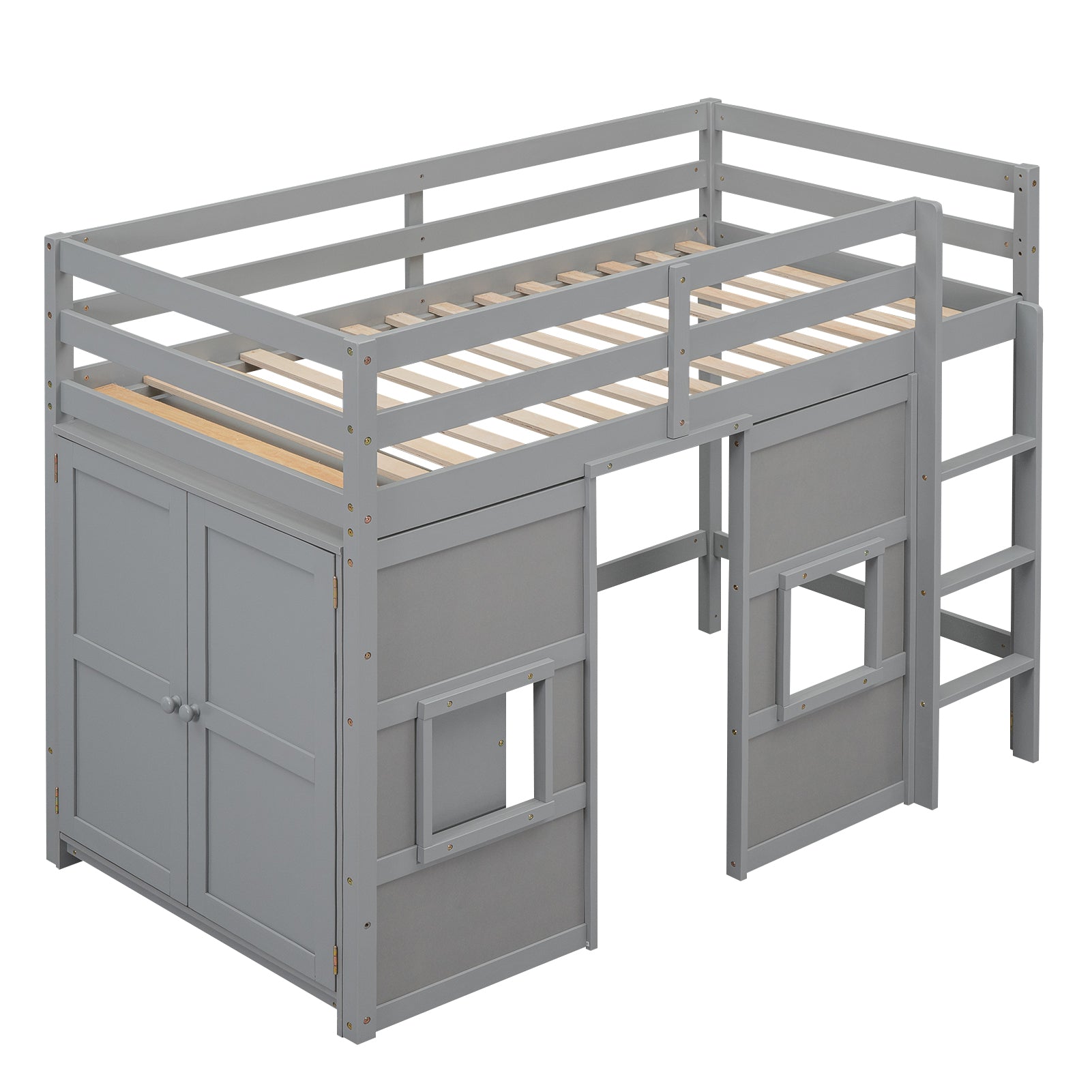Gray wooden loft bed with storage cabinet and ladder