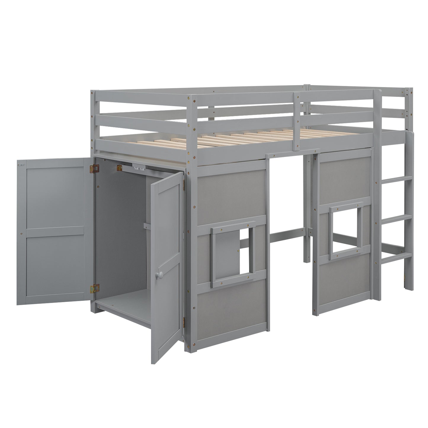 Gray loft bed with integrated storage cabinet and desk
