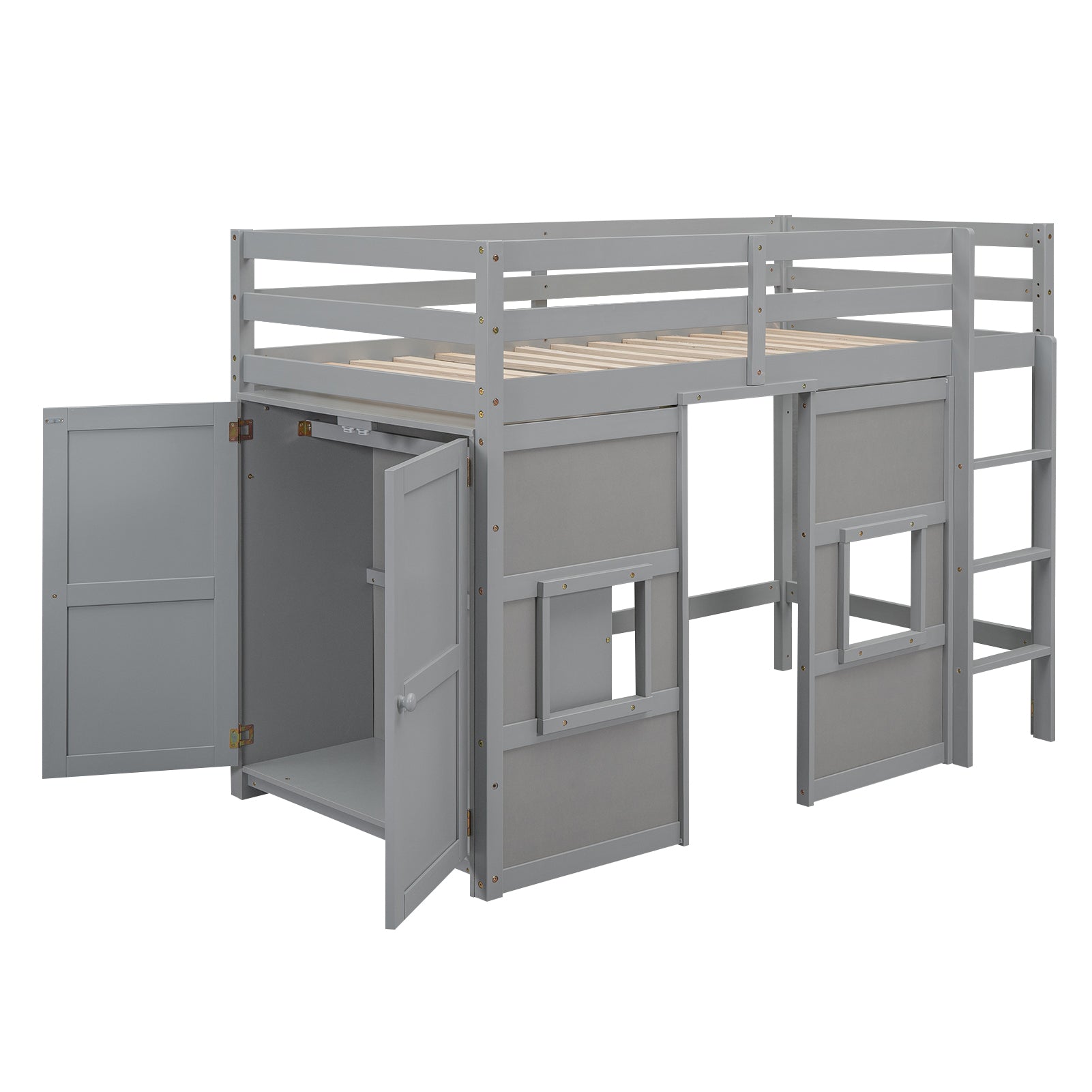 Gray loft bed with integrated storage cabinet and desk