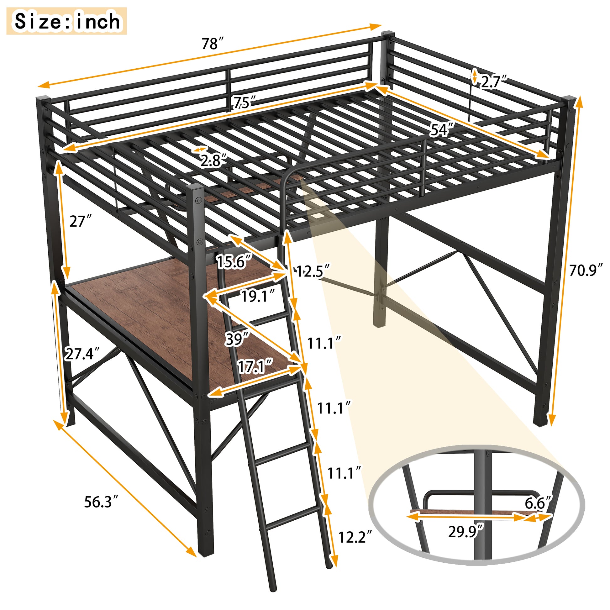 Black metal loft bed with a twin size mattress platform and a wooden desk surface below