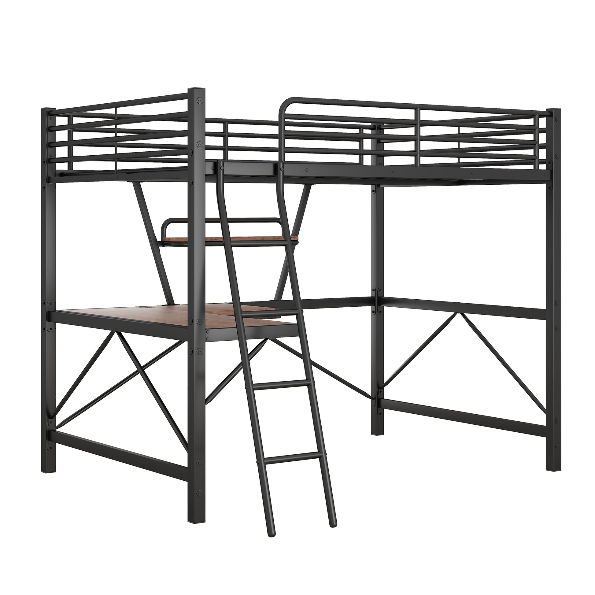 Black metal twin loft bed with desk and ladder