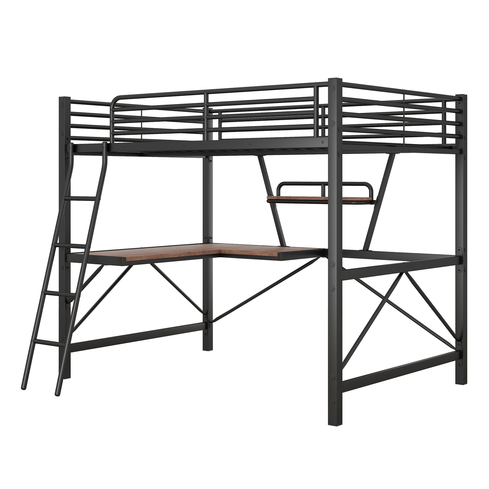 Black metal loft bed with integrated desk and ladder