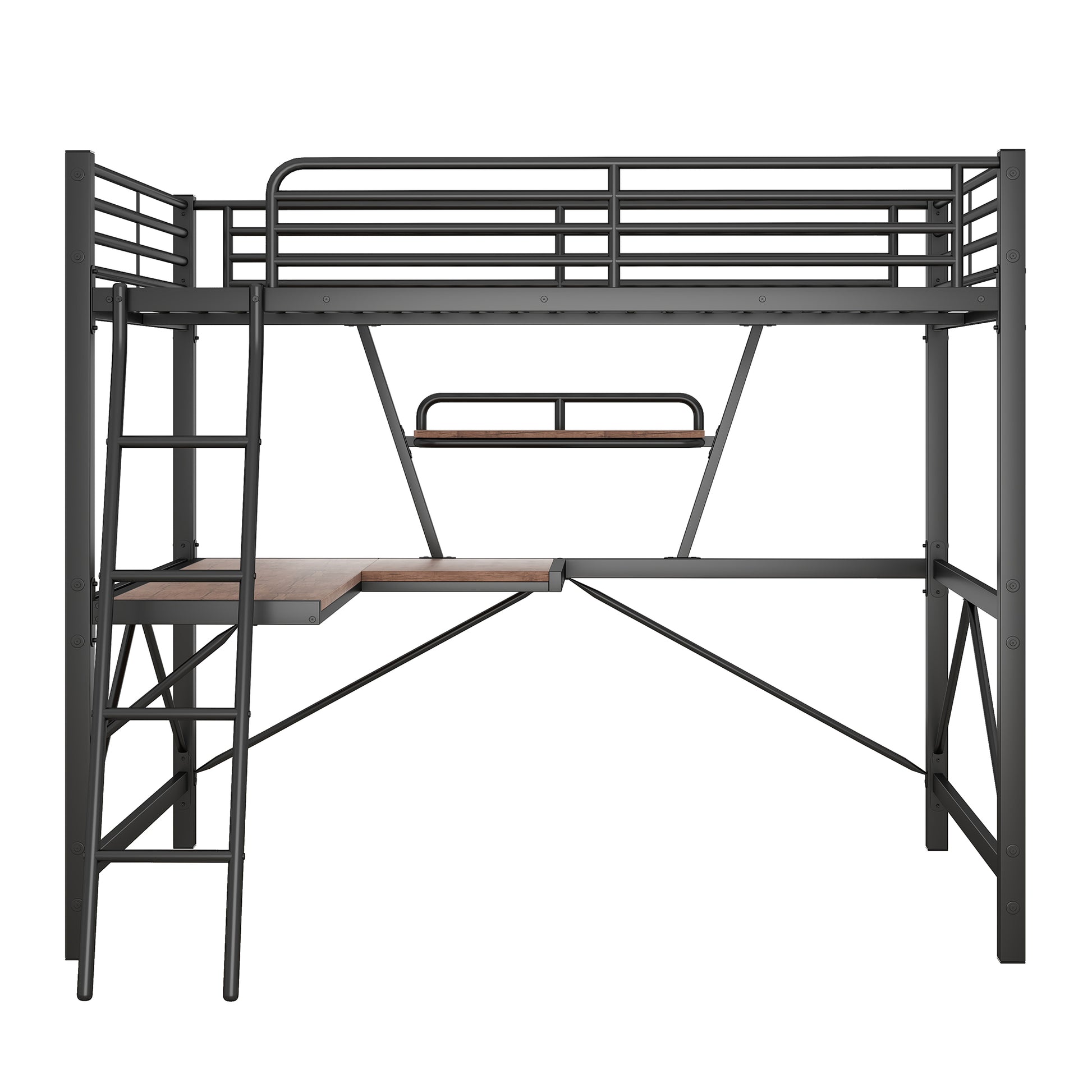 Black metal loft bed with integrated desk and ladder ideal for small spaces