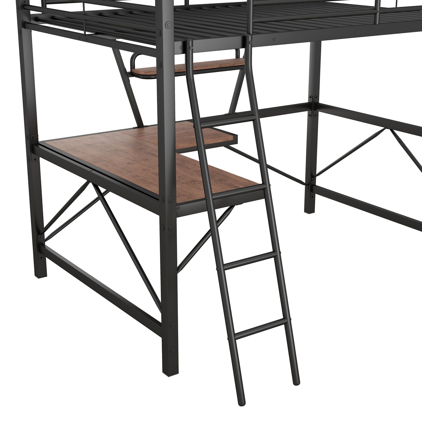 Black metal loft bed with wooden desk and ladder