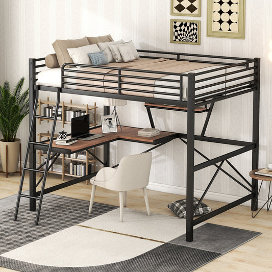 Black metal loft bed with Lshaped desk and bookshelf
