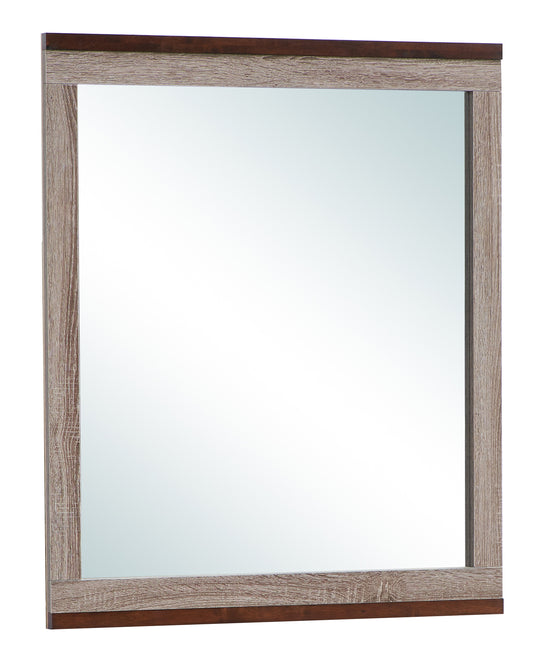 Square wall mirror with distressed wood frame and dark wood accent
