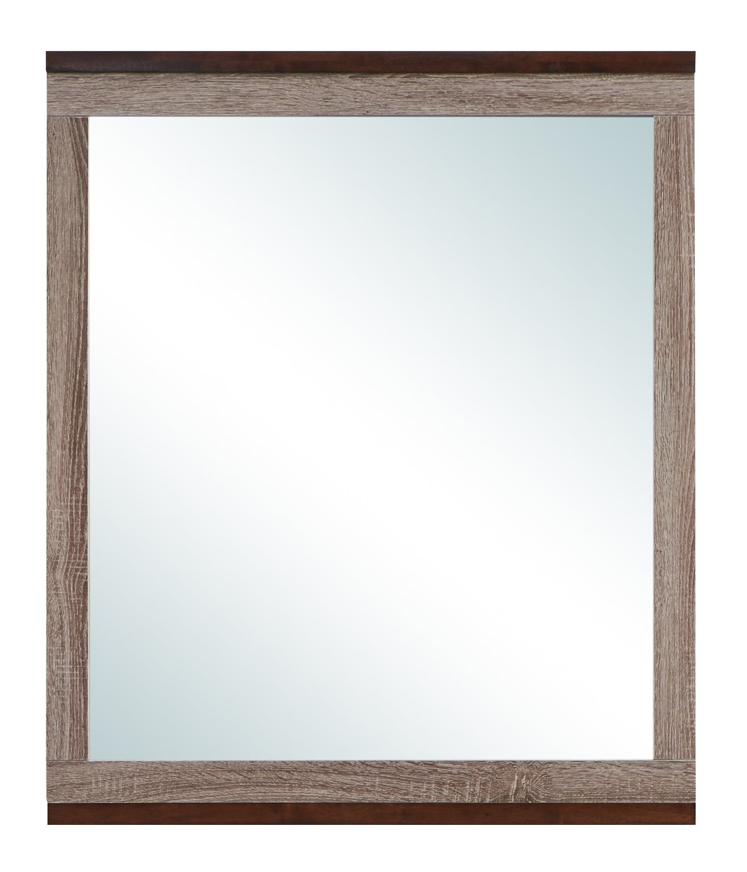 Wooden framed mirror with light oak and dark brown wood grain finish