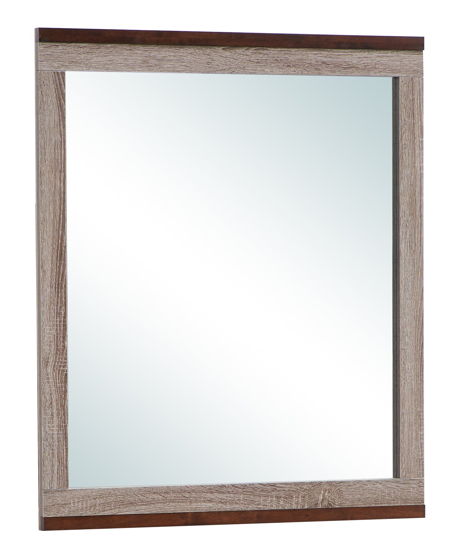 Distressed wood frame mirror with dark wood accent