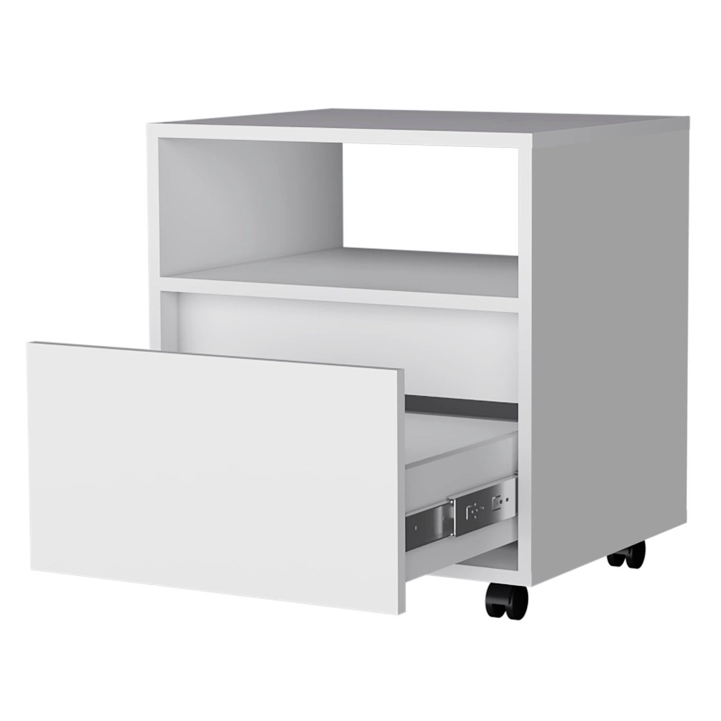 White rolling filing cabinet with open drawer and open shelf