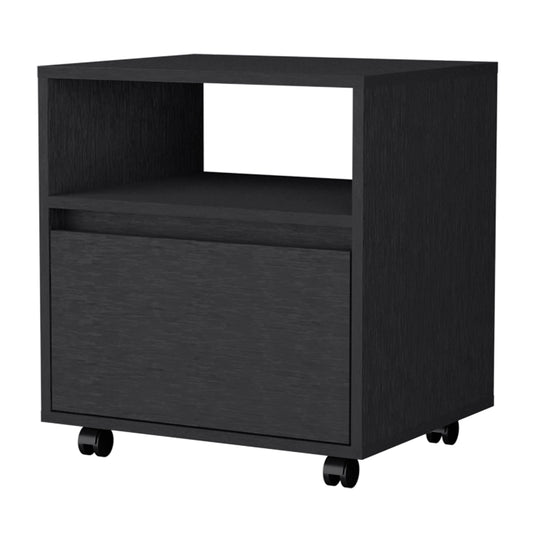Black modern file cabinet with open shelf and rolling casters
