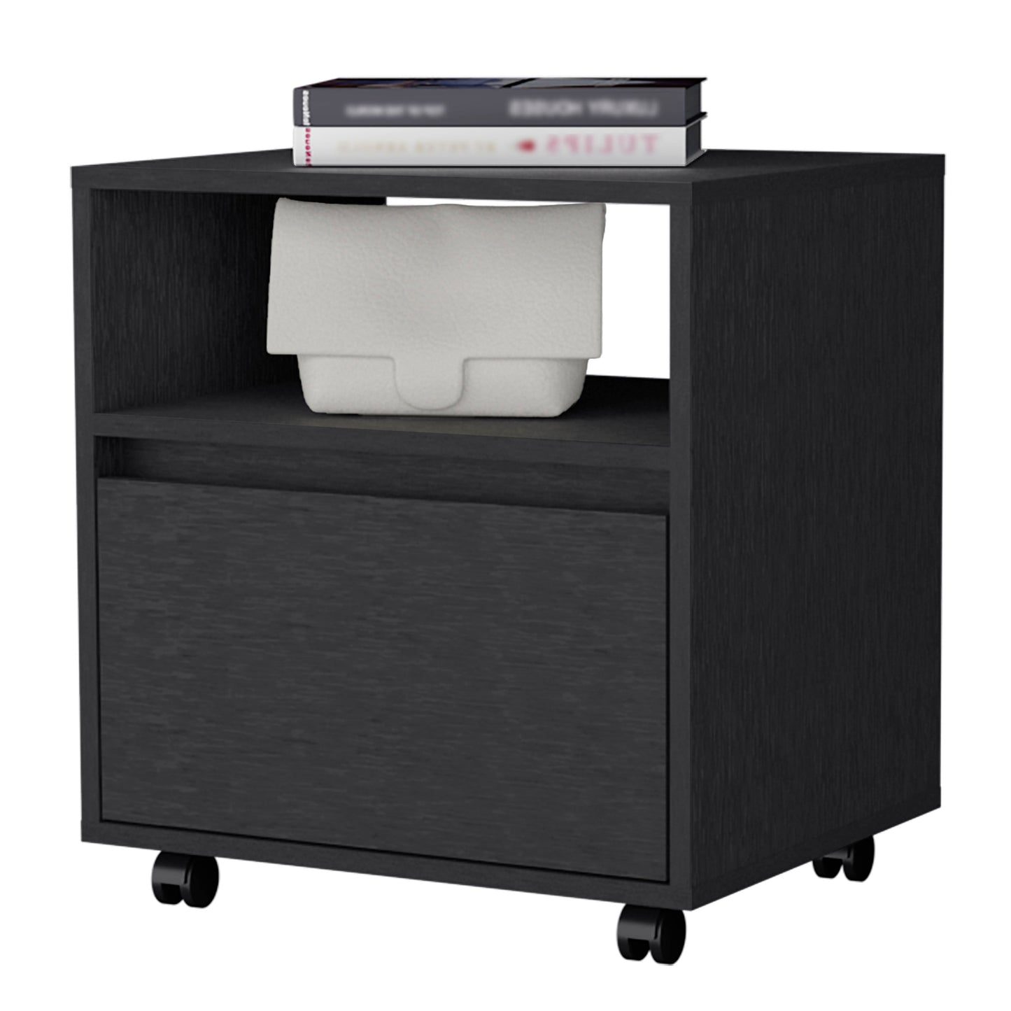 Black wood grain filing cabinet with drawer and open shelf