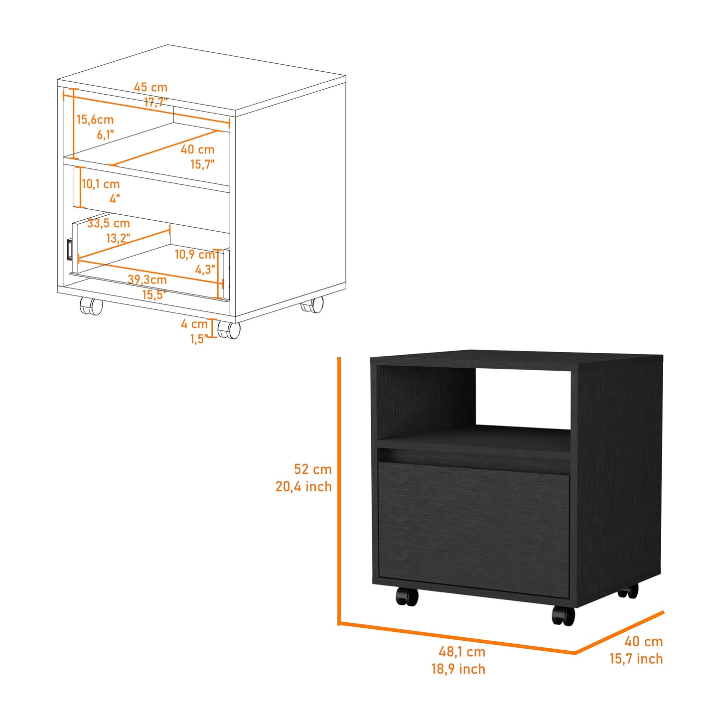 Black wheeled filing cabinet with two drawers and open shelf