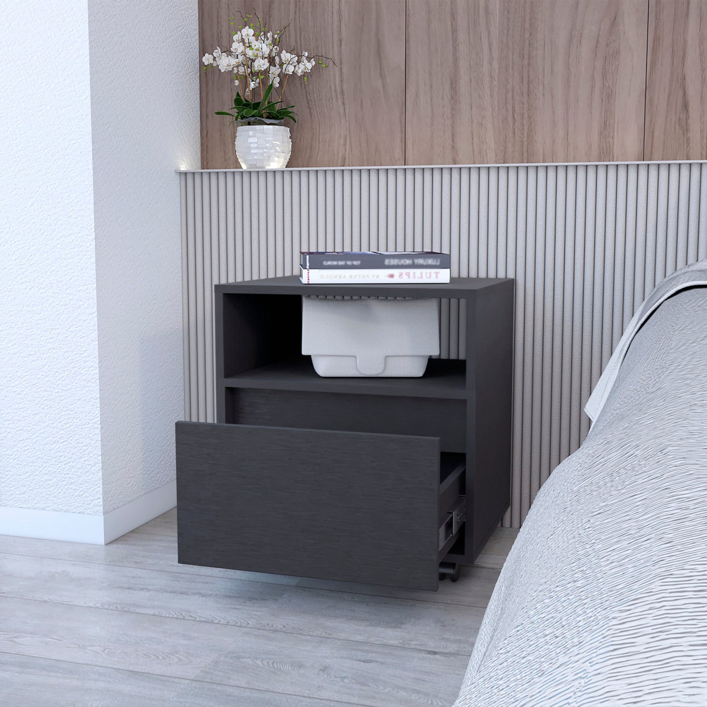 Dark gray modern nightstand with open drawer and storage bin