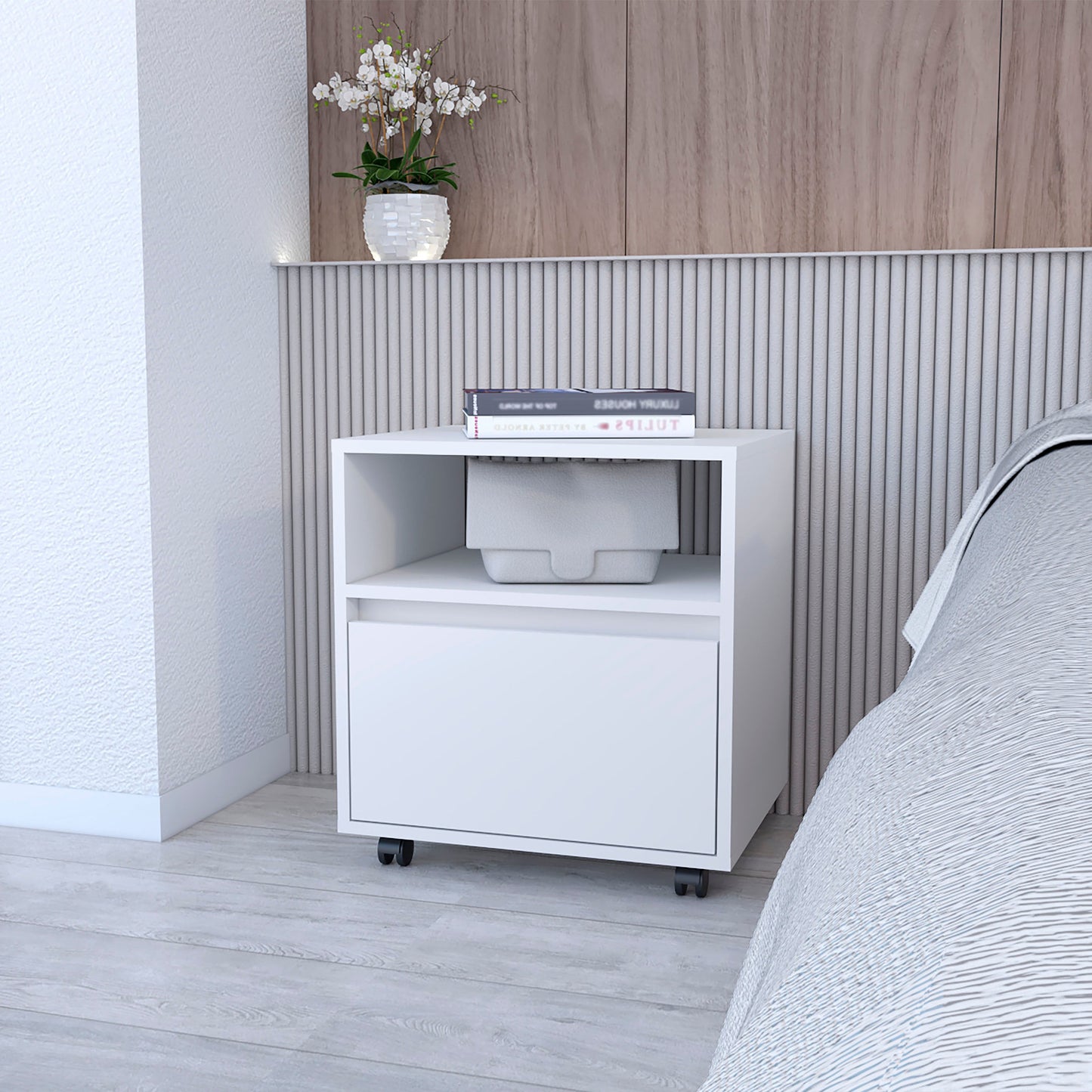 White modern nightstand with one drawer and open shelf