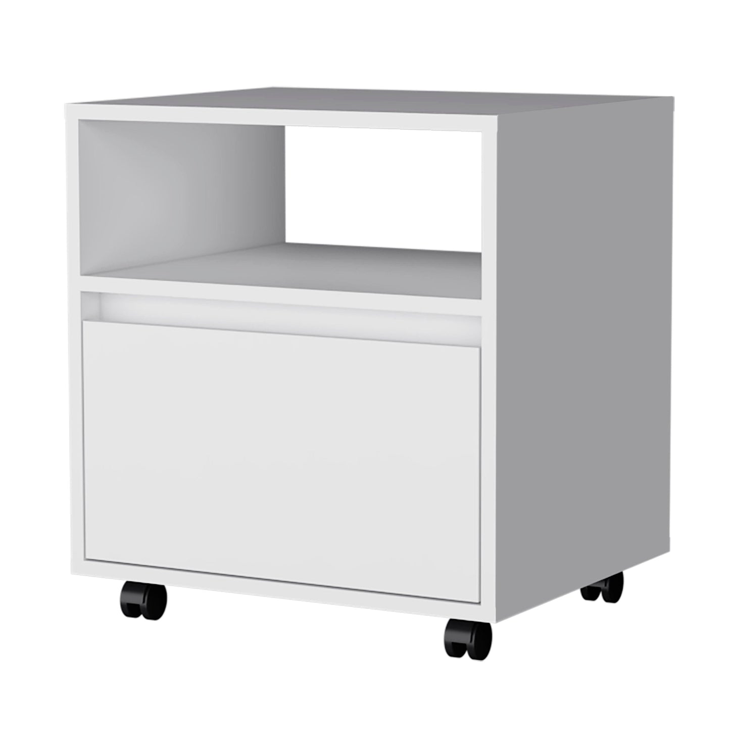 White rolling file cabinet with an open shelf above a single drawer for office organization