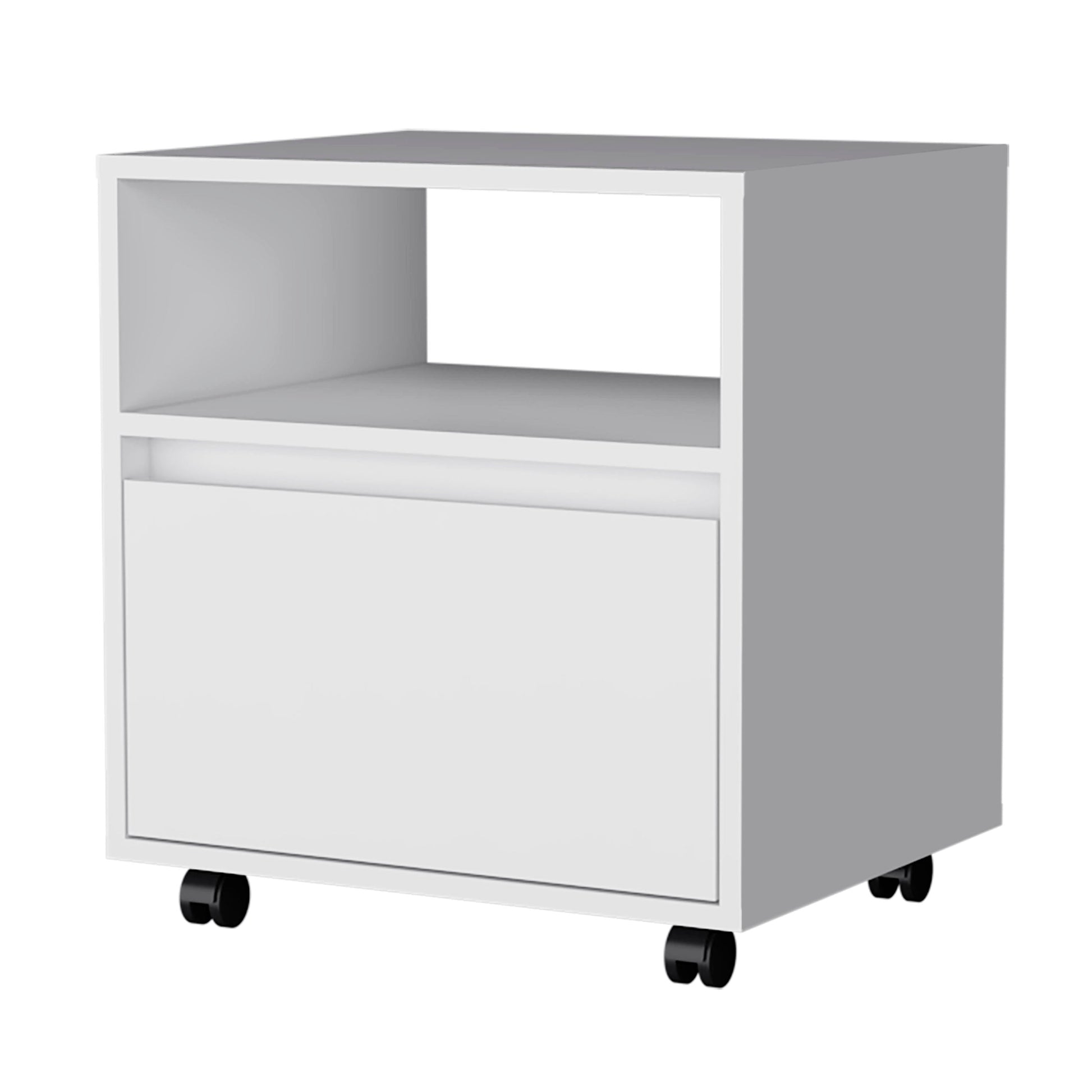 White rolling file cabinet with an open shelf above a single drawer for office organization
