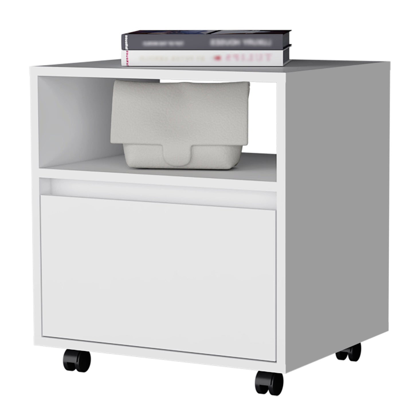 White modern bedside table with open shelf and one drawer on wheels