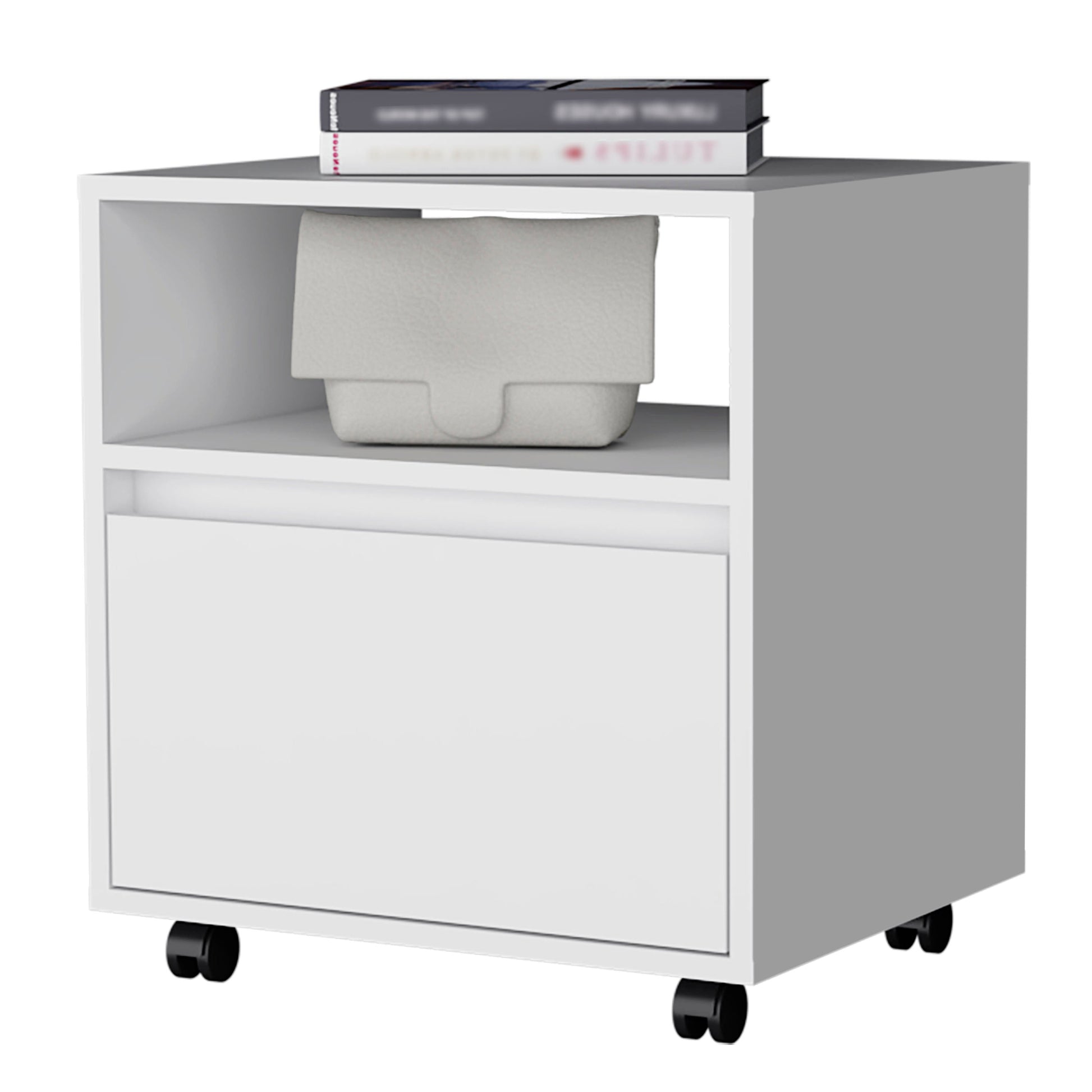 White modern bedside table with open shelf and one drawer on wheels