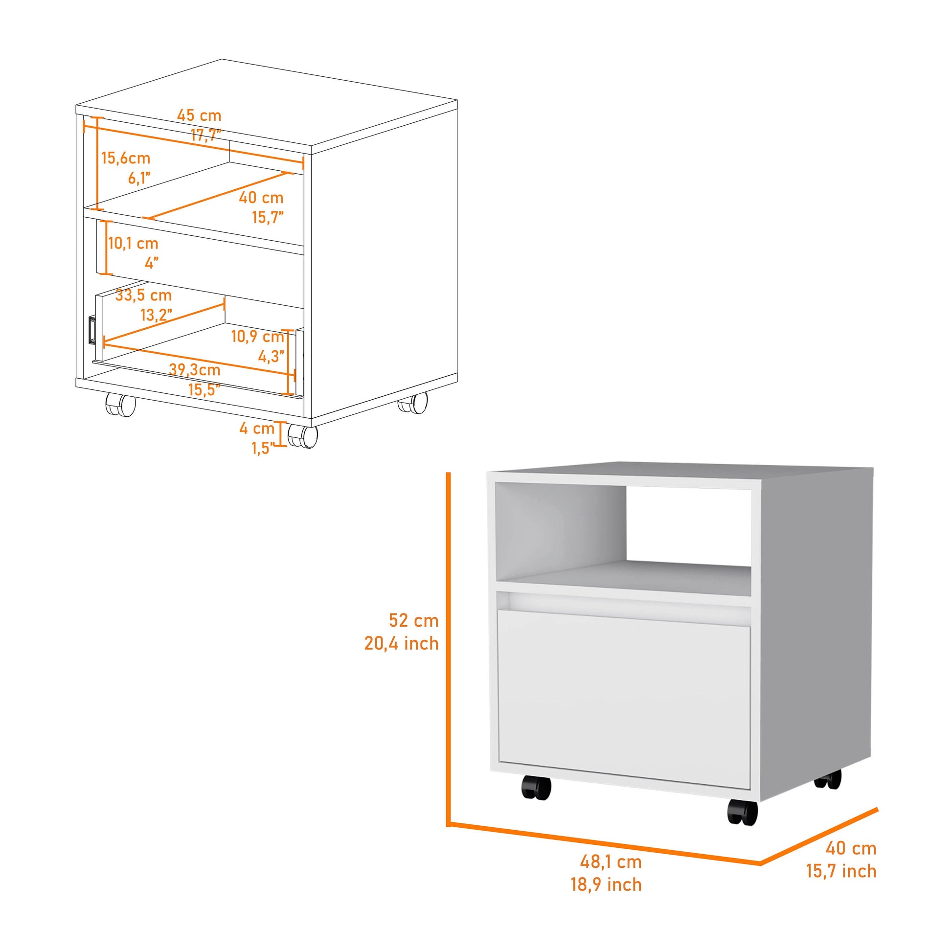 White mobile pedestal with one drawer and open shelf