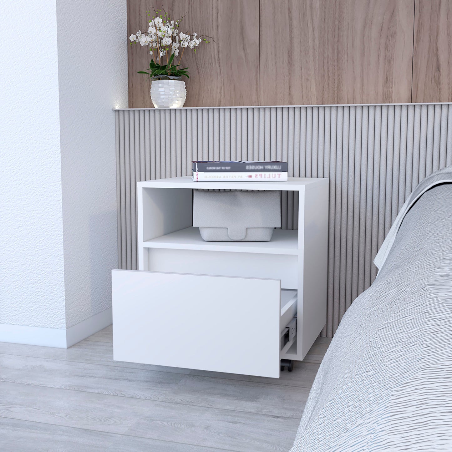 White modern nightstand with open shelf and drawer