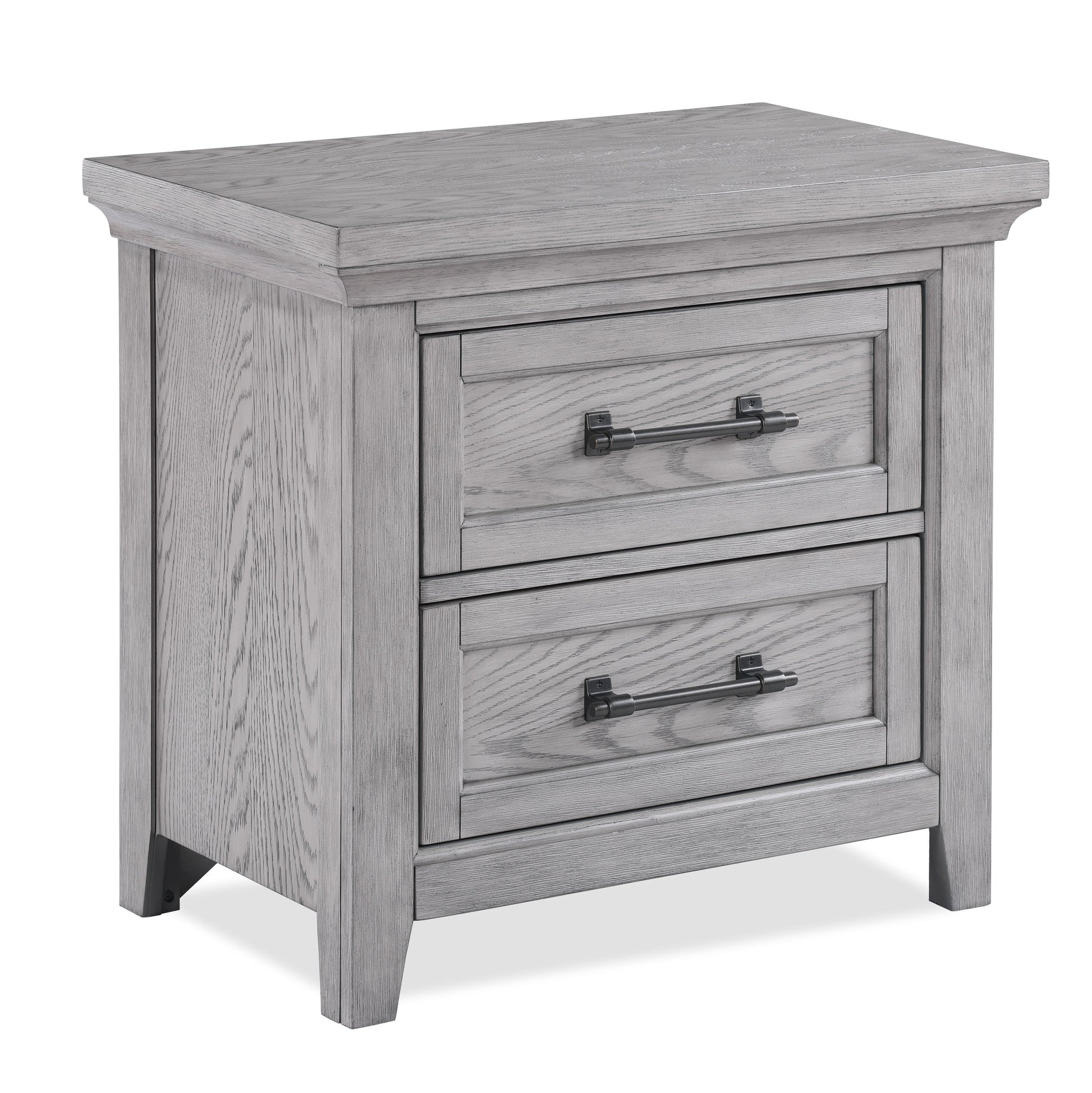Gray wood twodrawer nightstand with modern bar pull hardware