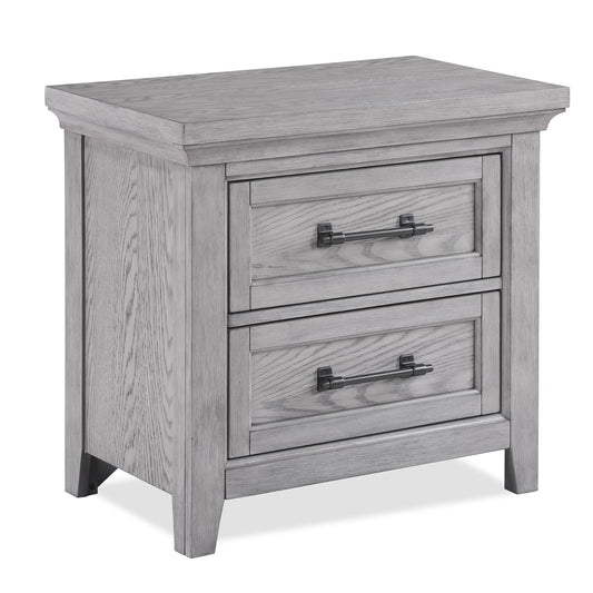 Gray wood twodrawer nightstand with modern bar pull hardware